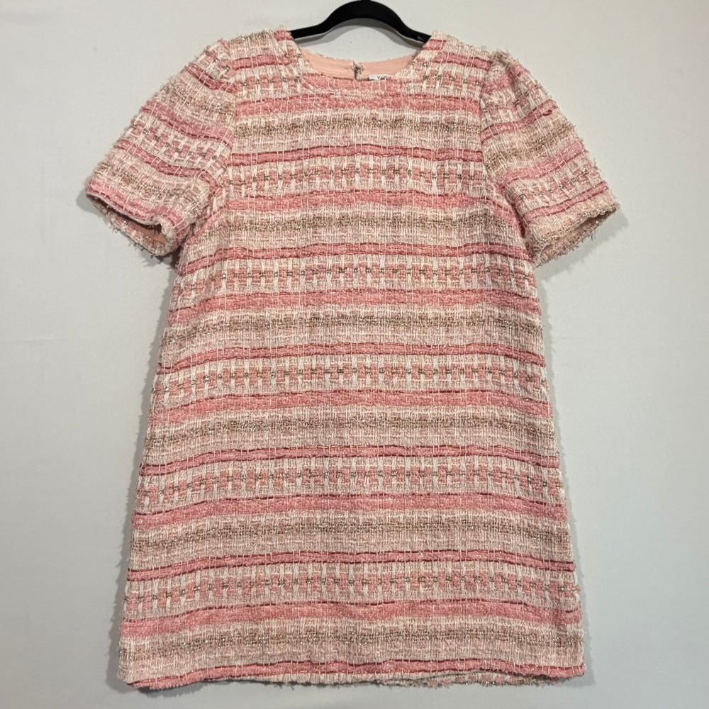 VOY Tweed Mini Dress Striped Metallic Pink Cream Gold Women's Large Clueless